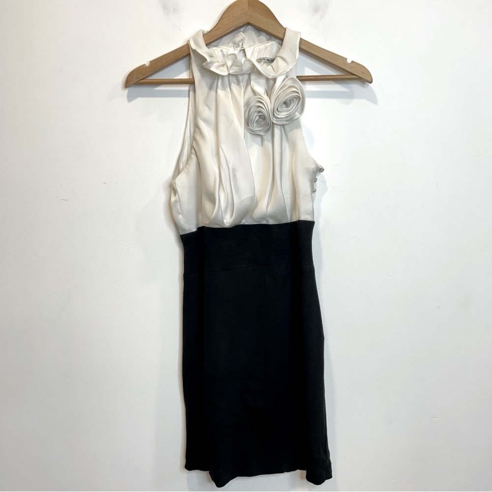 Nikibiki White & Black Satin Sleeveless Mock Neck Floral Sheath Party Dress